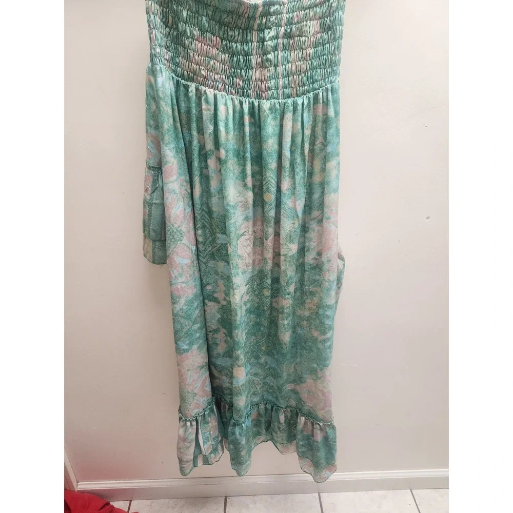Ibiza Line Womens Green‎ Pink Floral Smocked High Low Tiered Ruffle Skirt Boho